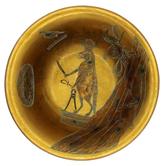 Vintage 1960s Egyptian Revival Bowl Hand Painted Studio Art Pottery Gold Luster - Picture 1 of 10